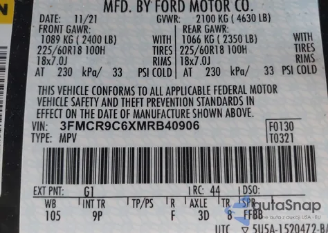 2021 Ford Bronco Sport Outer Banks из США, поврежденный, VIN 3FMCR9C6XMRB40906